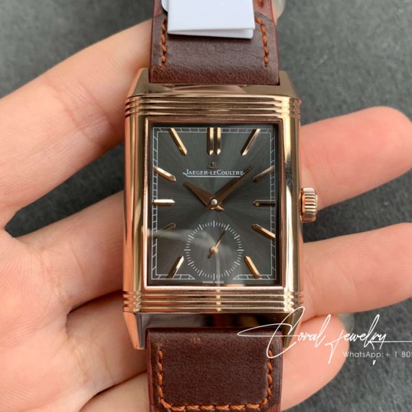 Replica Jaeger Lecoultre Reverso Tribute Double Sided Double Time Zone Flip Mg Factory Rose Gold Black Dial (1)