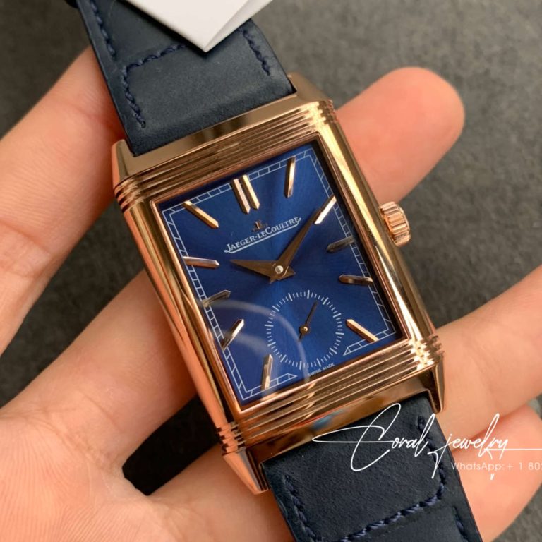 Replica Jaeger Lecoultre Reverso Tribute Double Sided Double Time Zone Flip Mg Factory Rose Gold Blue Dial (2)