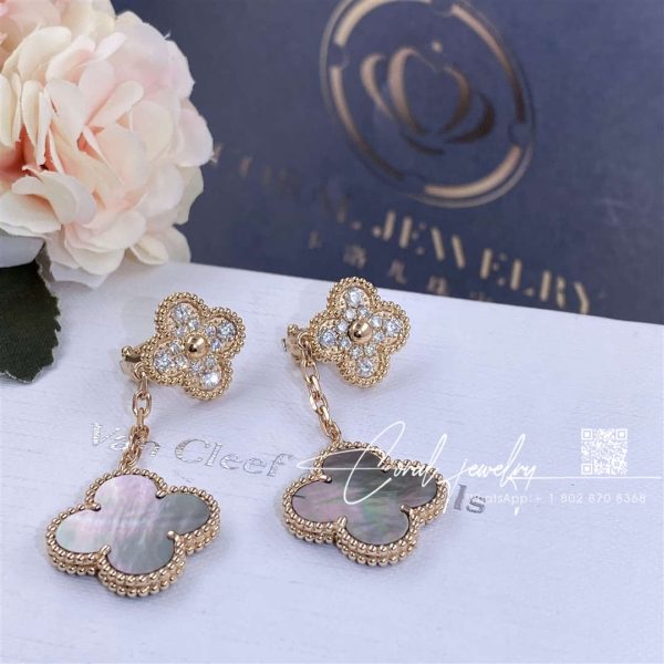 Van Cleef & Arpels Magic Alhambra Earrings, 2 Motifs Rose Gold, Diamond, Mother Of Pearl Vcarp2r200 (1)