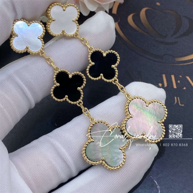 Van Cleef & Arpels Magic Alhambra Earrings, 3 Motifs Yellow Gold, Mother Of Pearl, Onyx Vcard79000 (2)