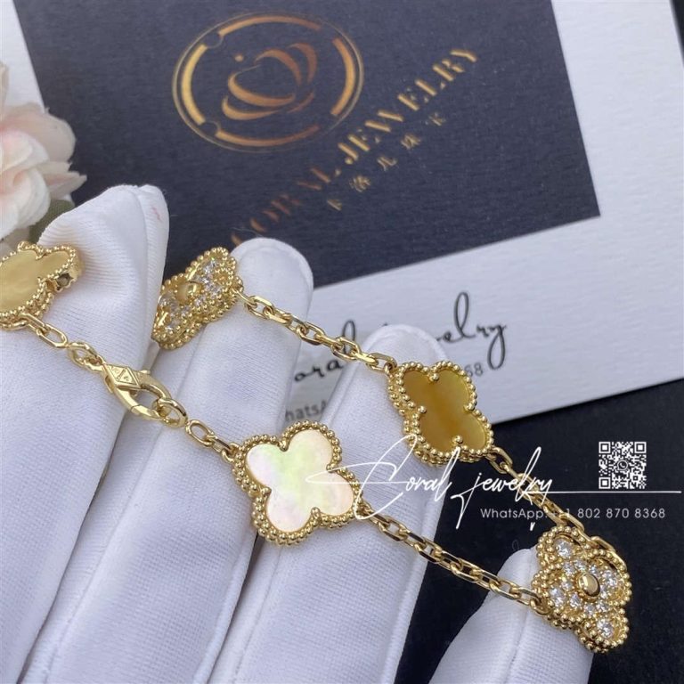 Van Cleef & Arpels Vintage Alhambra Bracelet, 5 Motifs 18k Yellow Gold, Diamond, Golden Mother Of Pearl (5)