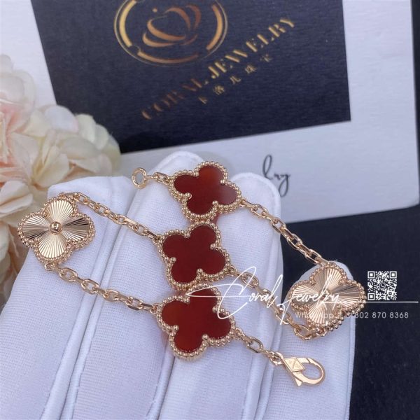 Van Cleef & Arpels Vintage Alhambra Bracelet, 5 Motifs Rose Gold, Carnelian Vcarp7rp00 (1)