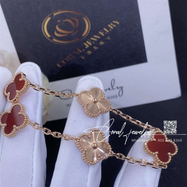 Van Cleef & Arpels Vintage Alhambra Bracelet, 5 Motifs Rose Gold, Carnelian Vcarp7rp00 (4)