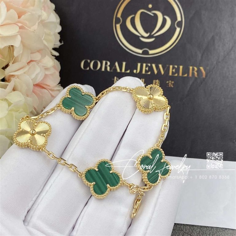 Van Cleef & Arpels Vintage Alhambra Bracelet, 5 Motifs Yellow Gold Guilloché And Malachite (7)