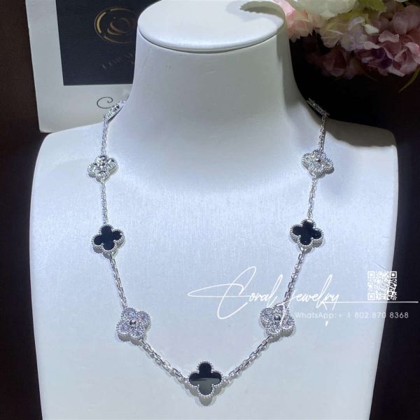 Van Cleef & Arpels Vintage Alhambra Necklace, 10 Motifs White Gold, Diamond, Onyx (1)