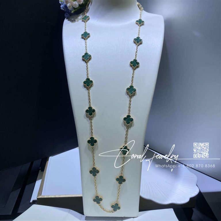 Van Cleef & Arpels Vintage Alhambra Long Necklace, 20 Motifs Yellow Gold, Malachite Vcarl88100 (21)