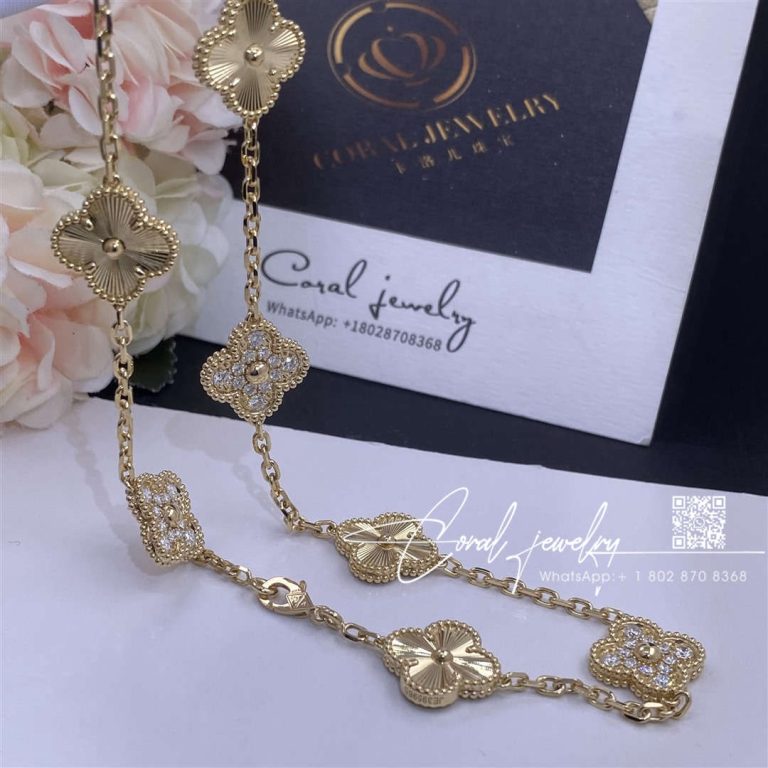 Van Cleef & Arpels Vintage Alhambra Necklace, 10 Motifs 18k Yellow Gold, Diamond Guilloché (5)