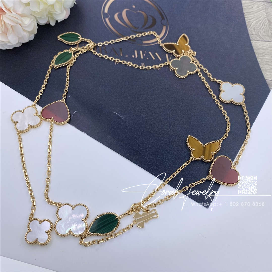 Van cleef & arpels lucky alhambra long necklace, 12 motifs yellow gold, carnelian, malachite, mother of pearl, tiger eye vcard80100 (15)