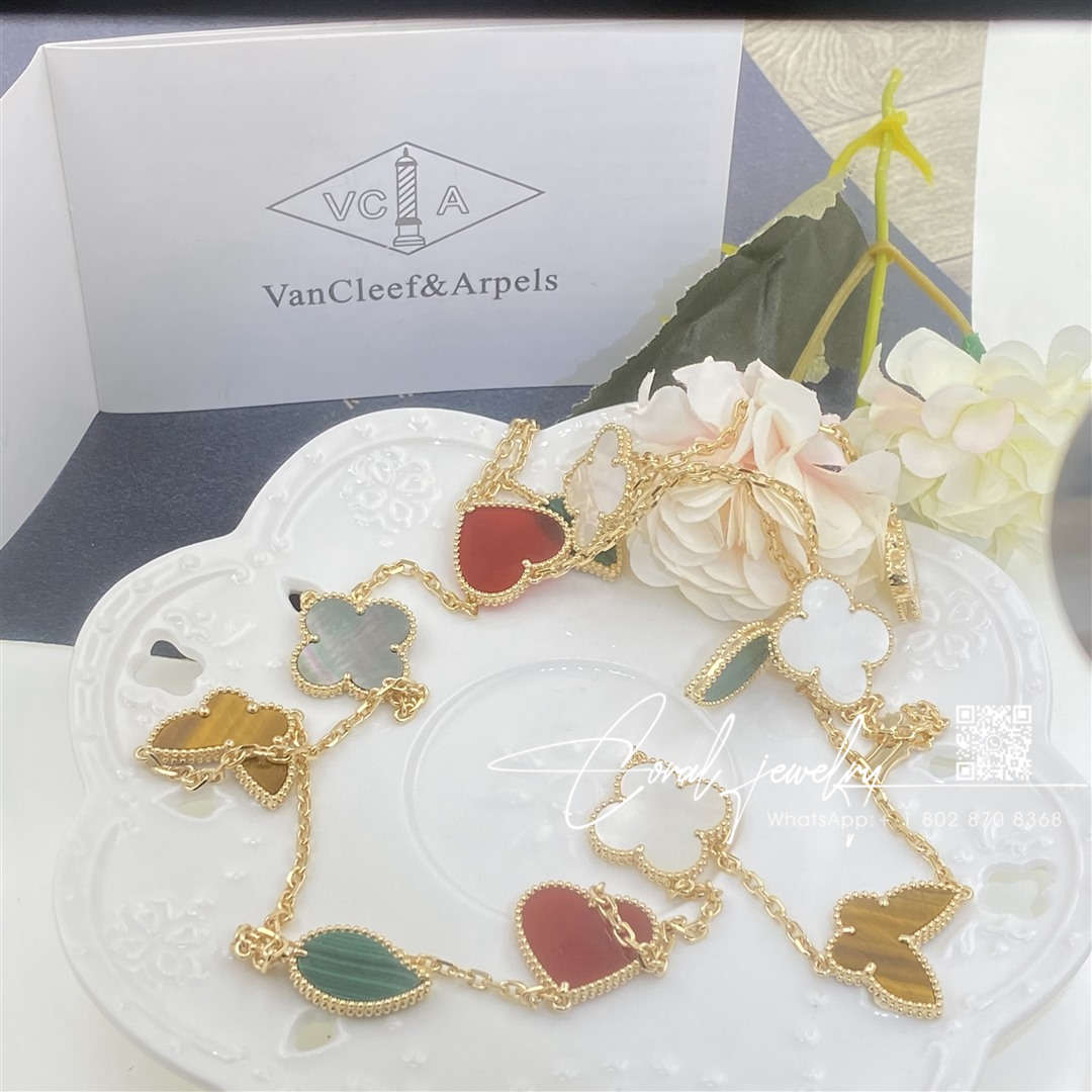 Van cleef & arpels lucky alhambra long necklace, 12 motifs yellow gold, carnelian, malachite, mother of pearl, tiger eye vcard80100 (2)