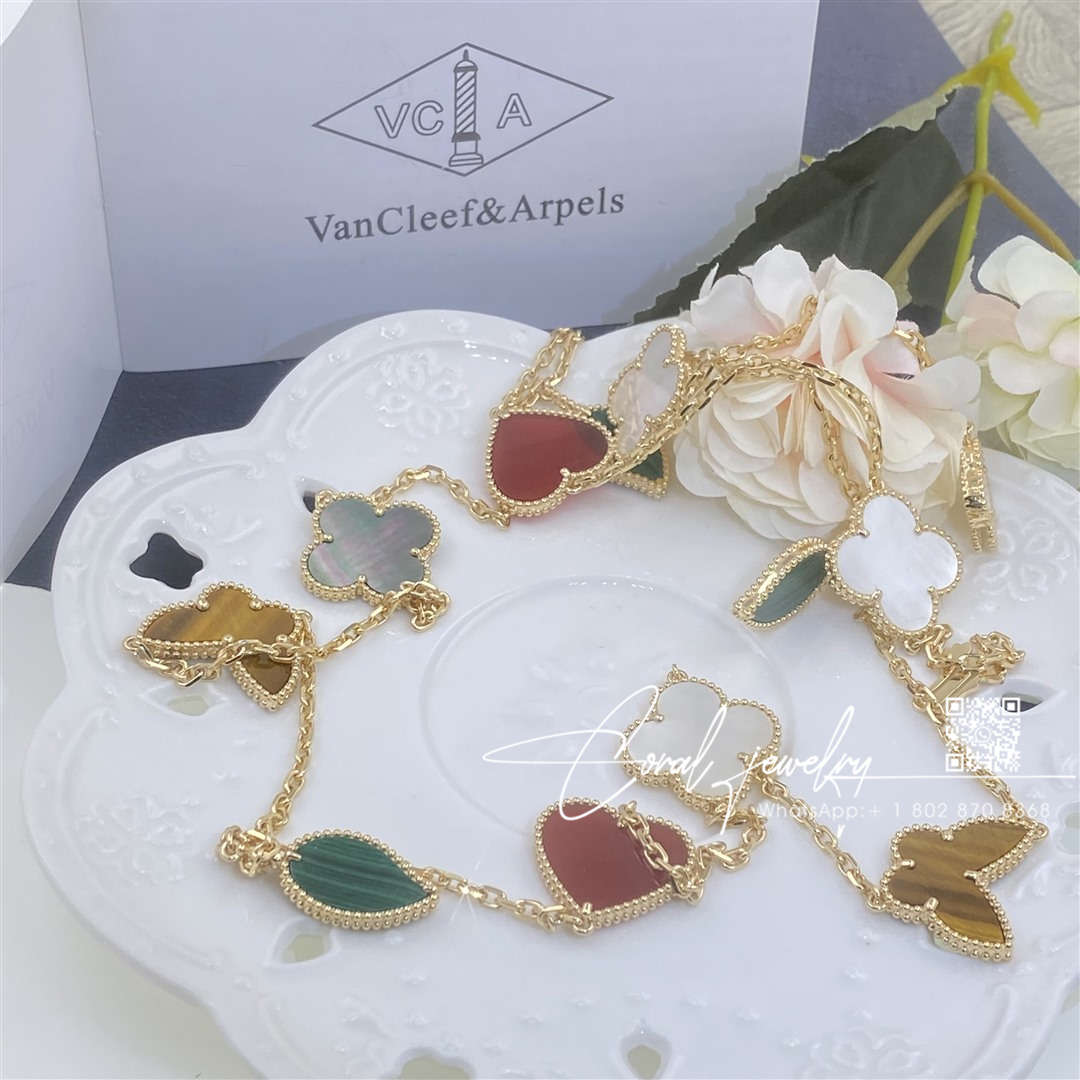Van cleef & arpels lucky alhambra long necklace, 12 motifs yellow gold, carnelian, malachite, mother of pearl, tiger eye vcard80100 (3)