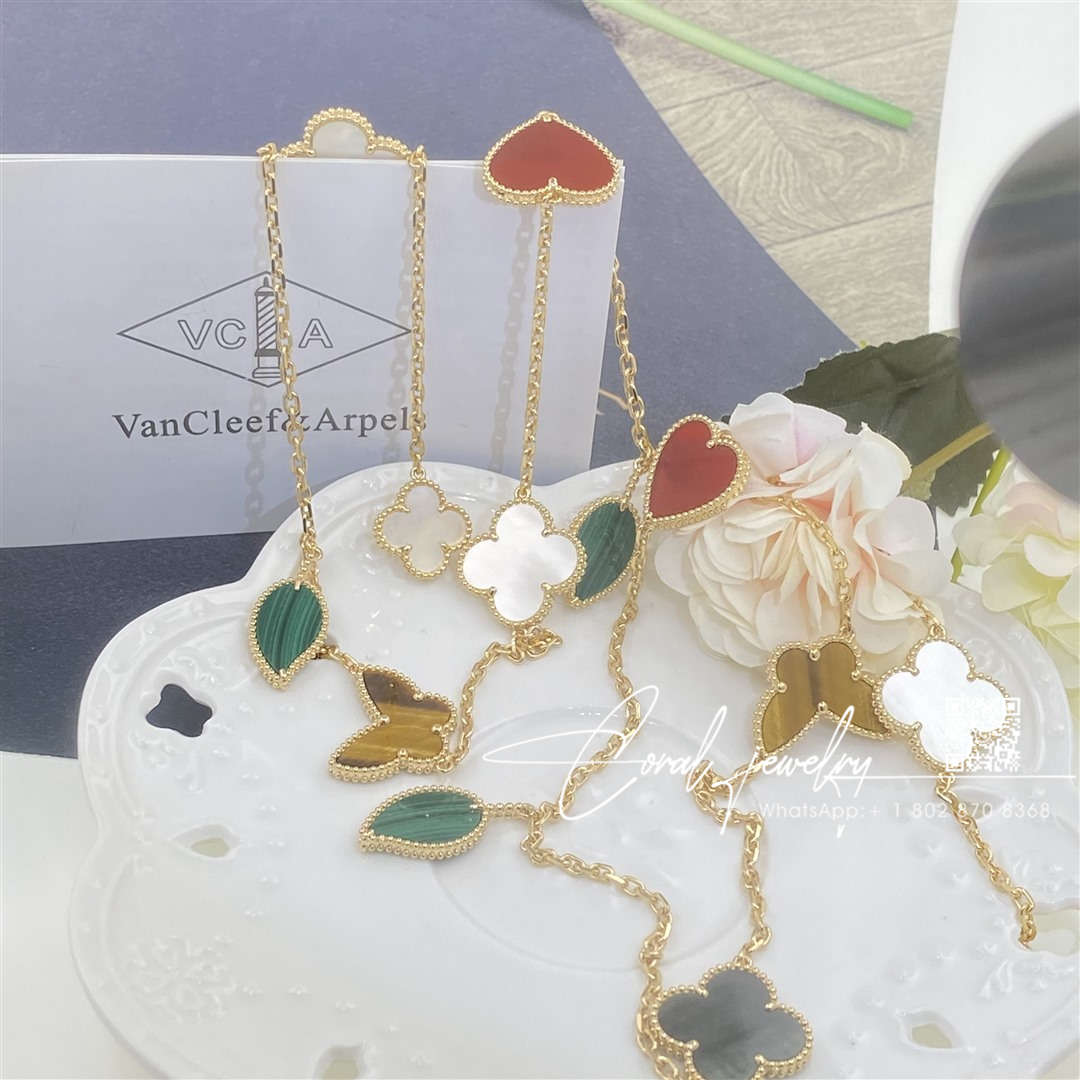 Van cleef & arpels lucky alhambra long necklace, 12 motifs yellow gold, carnelian, malachite, mother of pearl, tiger eye vcard80100 (8)