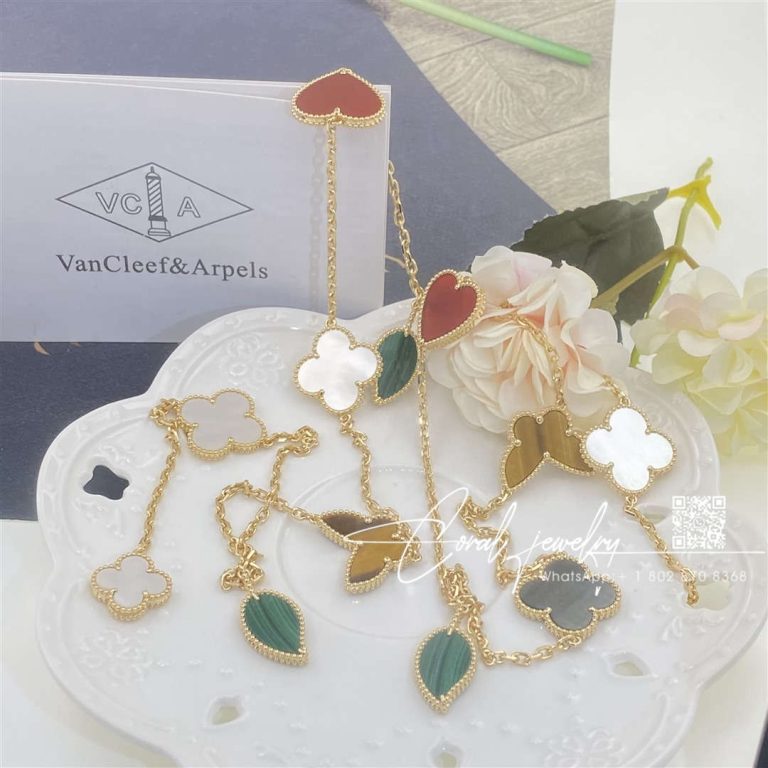 Van cleef & arpels lucky alhambra long necklace, 12 motifs yellow gold, carnelian, malachite, mother of pearl, tiger eye vcard80100 (9)
