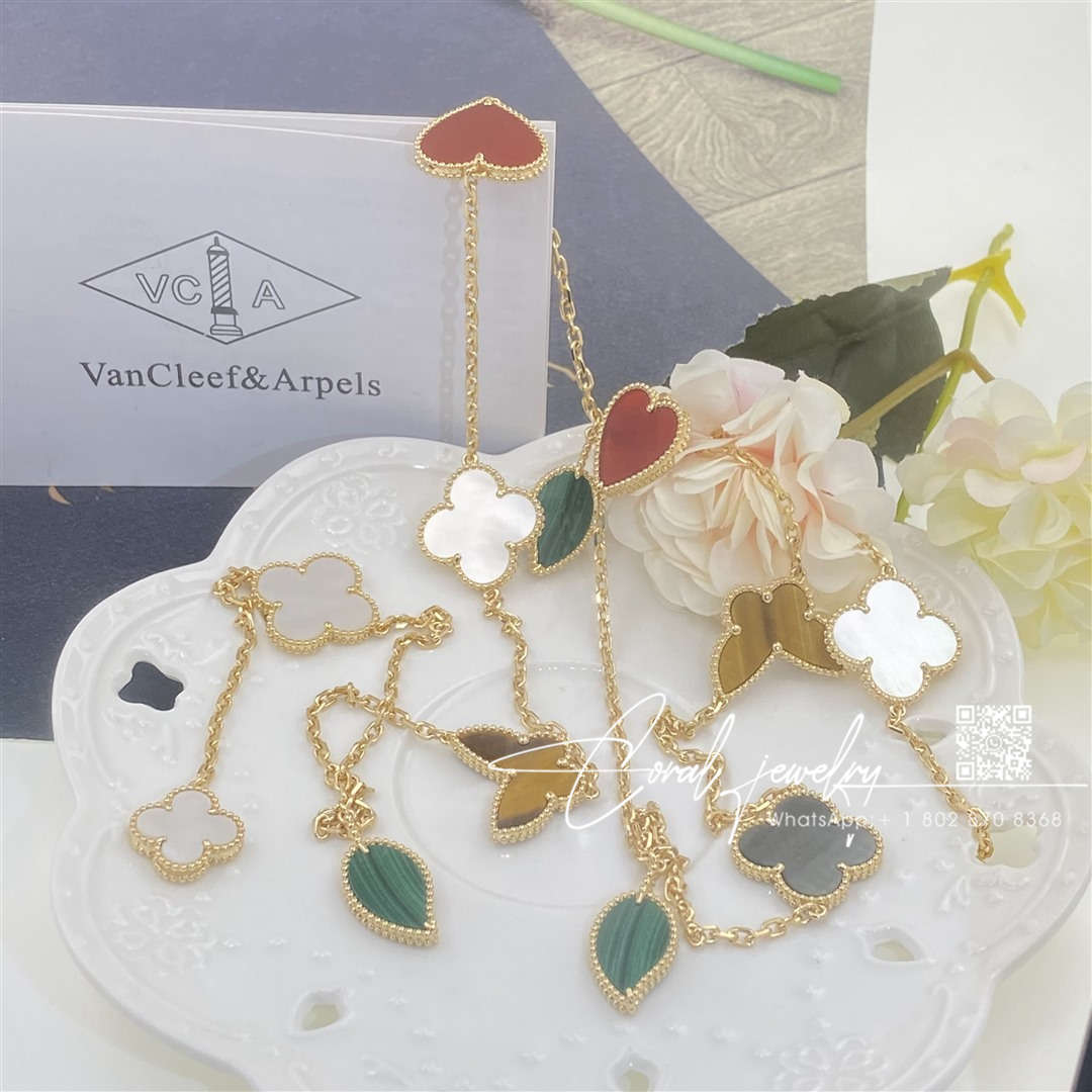 Van cleef & arpels lucky alhambra long necklace, 12 motifs yellow gold, carnelian, malachite, mother of pearl, tiger eye vcard80100 (9)