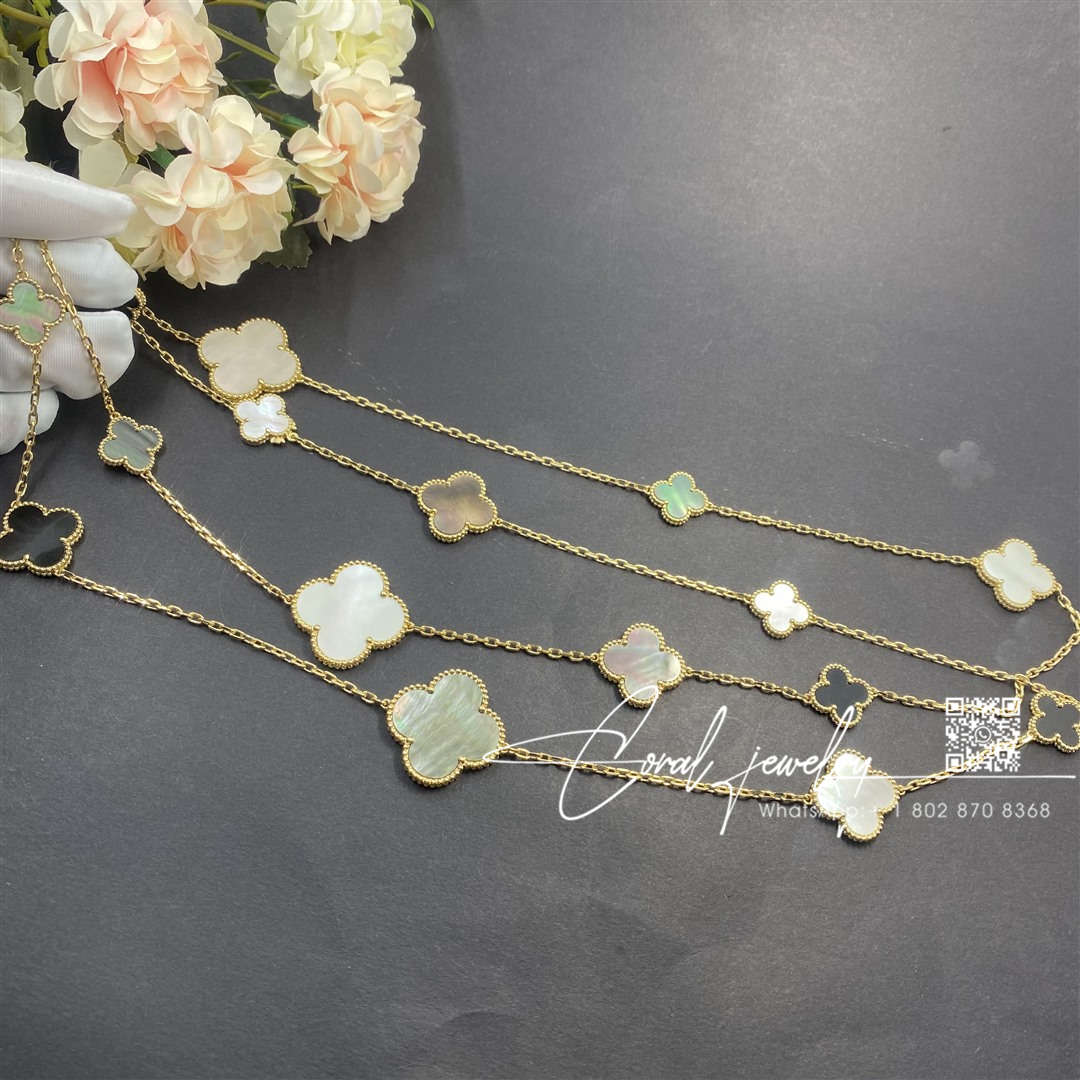 Van cleef & arpels magic alhambra long necklace, 16 motifs yellow gold, mother of pearl, onyx vcard79400 (1)