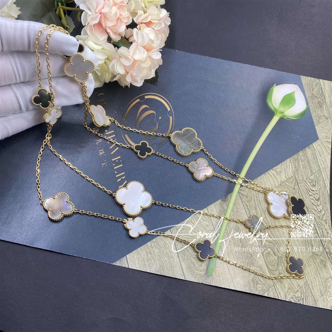 Van cleef & arpels magic alhambra long necklace, 16 motifs yellow gold, mother of pearl, onyx vcard79400 (2)