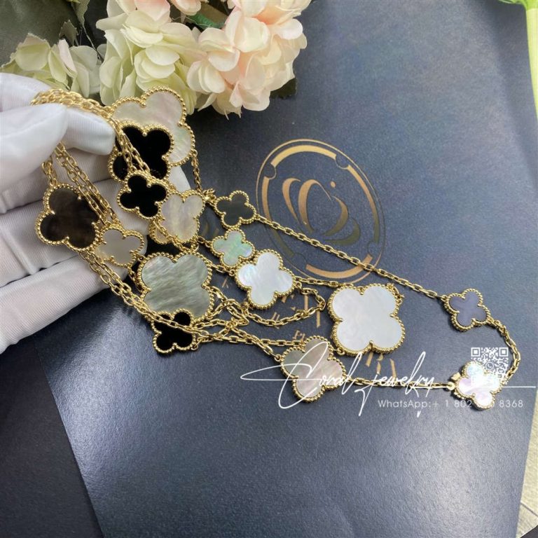 Van cleef & arpels magic alhambra long necklace, 16 motifs yellow gold, mother of pearl, onyx vcard79400 (4)