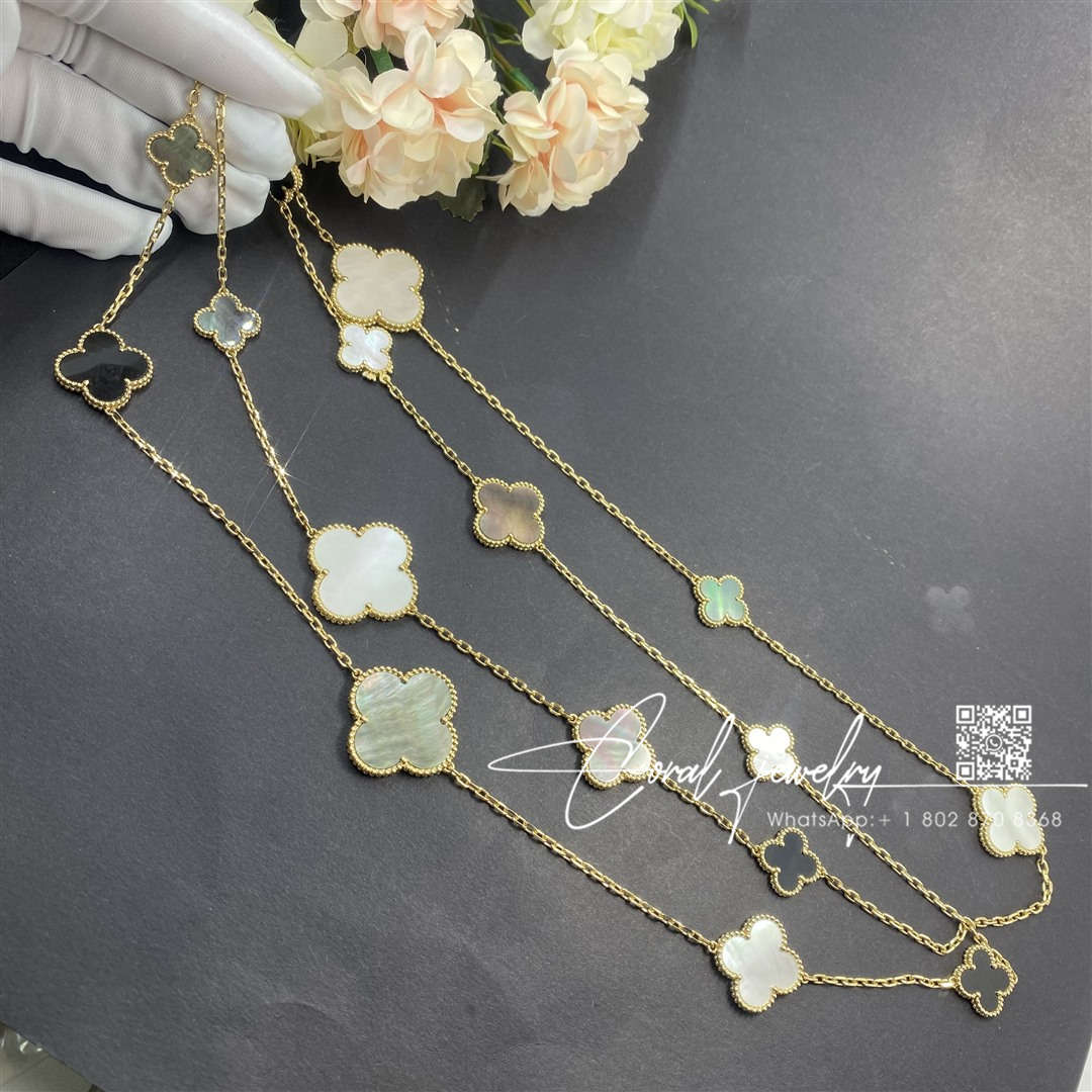 Van cleef & arpels magic alhambra long necklace, 16 motifs yellow gold, mother of pearl, onyx vcard79400 (5)