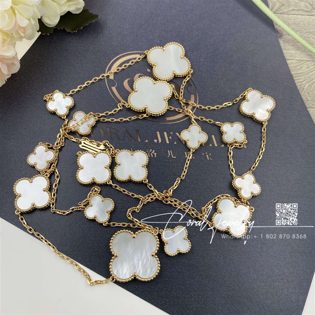 Van cleef & arpels magic alhambra long necklace, 16 motifs yellow gold, mother of pearl vcard79300 (1)