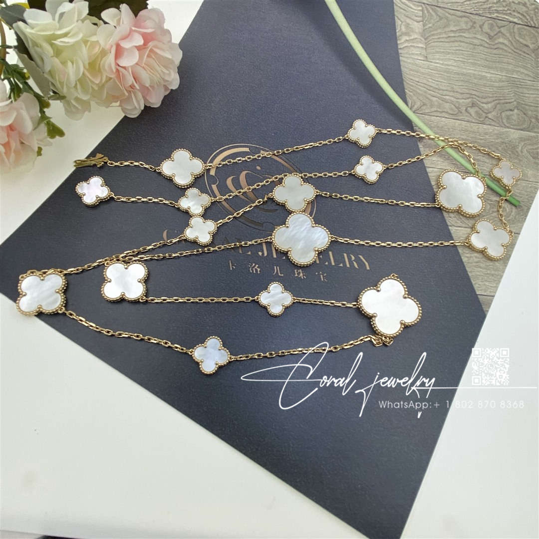 Van cleef & arpels magic alhambra long necklace, 16 motifs yellow gold, mother of pearl vcard79300 (19)