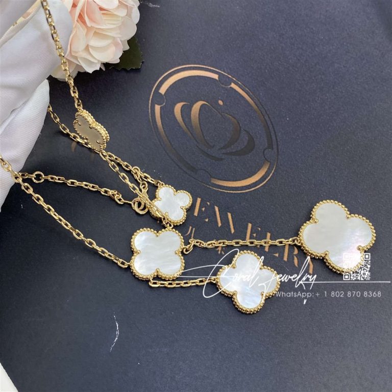 Van cleef & arpels magic alhambra necklace, 6 motifs yellow gold, mother of pearl vcard79100 (1)