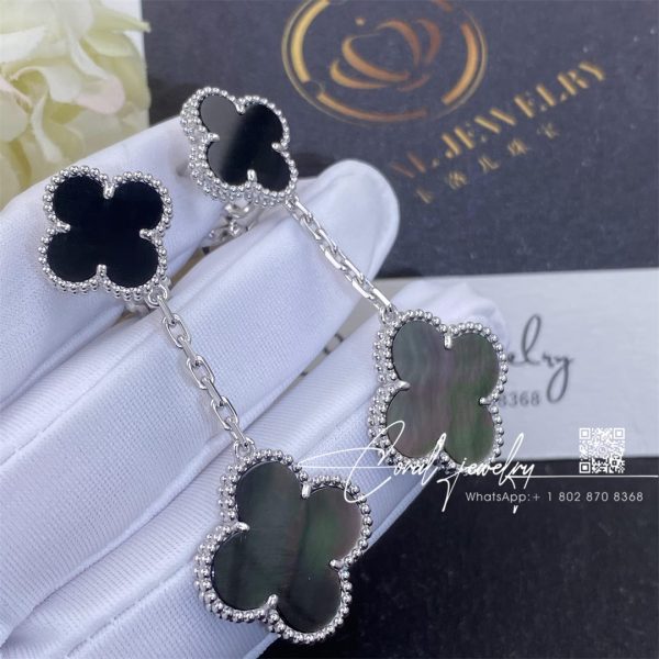 Van Cleef & Arpels Magic Alhambra earrings, 2 motifs White gold, Onyx and Gray Mother-of-Pearl