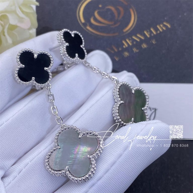 Van cleef & arpels magic alhambra earrings, 2 motifs white gold, onyx and gray mother of pearl (4)