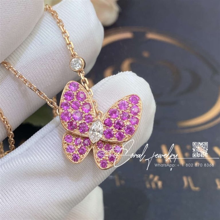 Van cleef & arpels two butterfly pendant rose gold, diamond, sapphire vcaro3m200 (1)