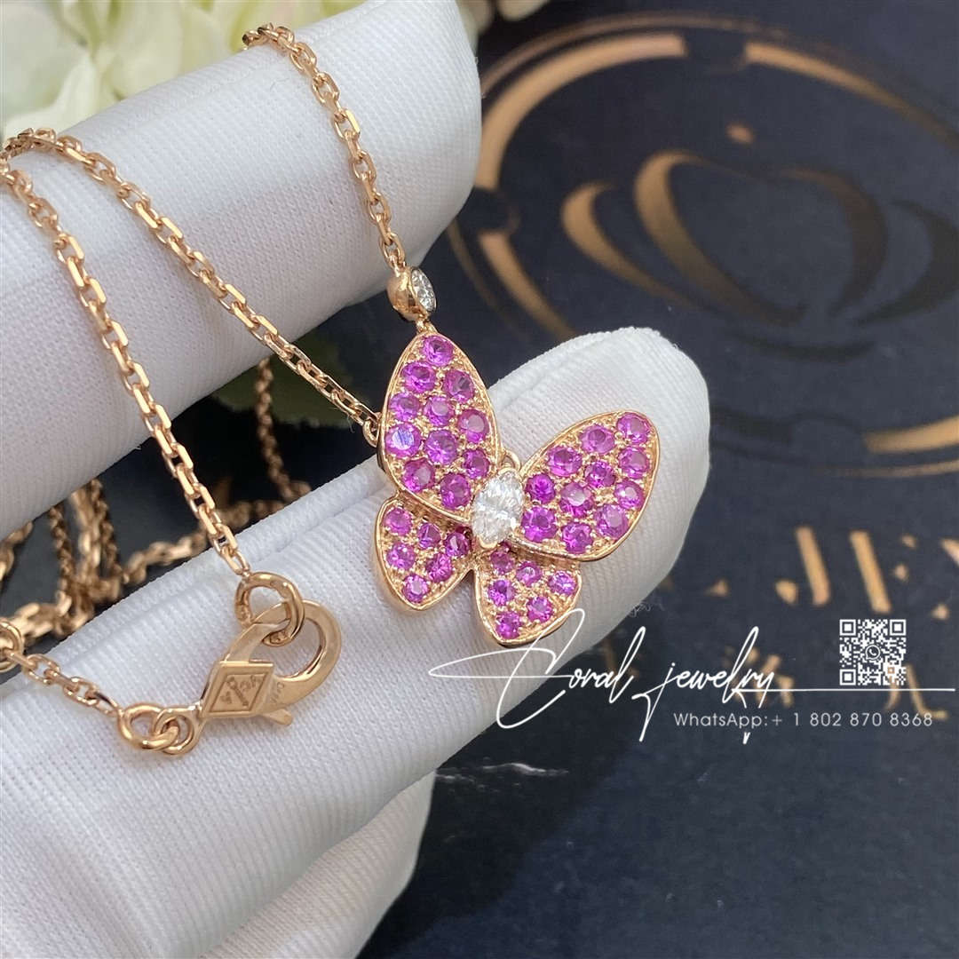 Van cleef & arpels two butterfly pendant rose gold, diamond, sapphire vcaro3m200 (3)