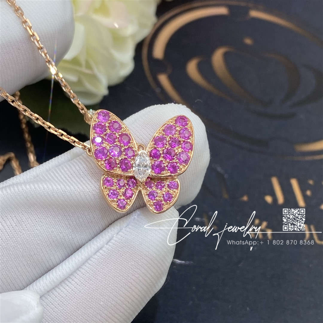 Van cleef & arpels two butterfly pendant rose gold, diamond, sapphire vcaro3m200 (4)