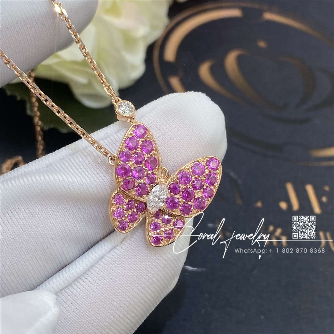 Van cleef & arpels two butterfly pendant rose gold, diamond, sapphire vcaro3m200 (5)