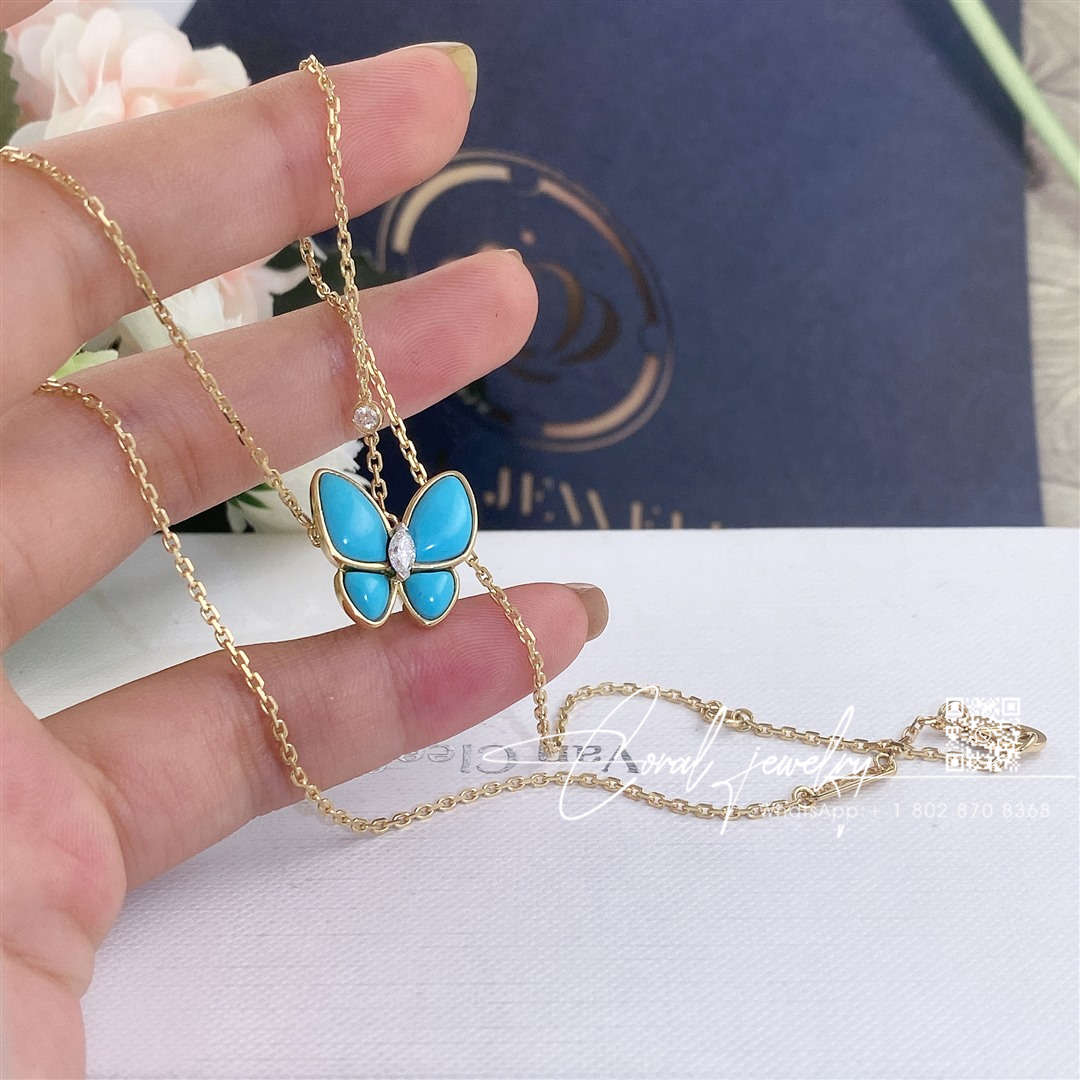 Van cleef & arpels two butterfly pendant yellow gold, diamond, turquoise vcarp7up00 (1)
