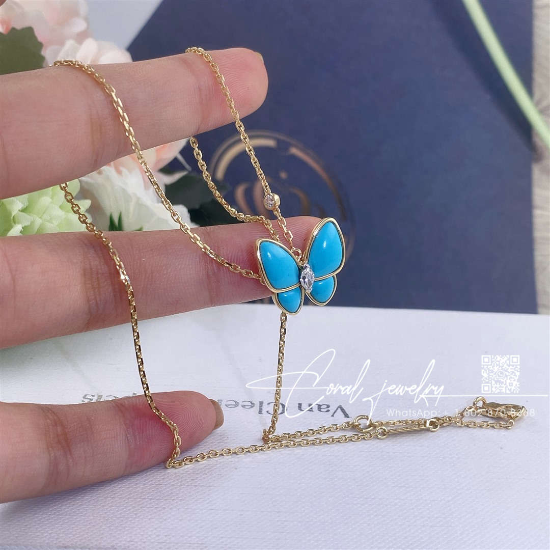 Van cleef & arpels two butterfly pendant yellow gold, diamond, turquoise vcarp7up00 (2)