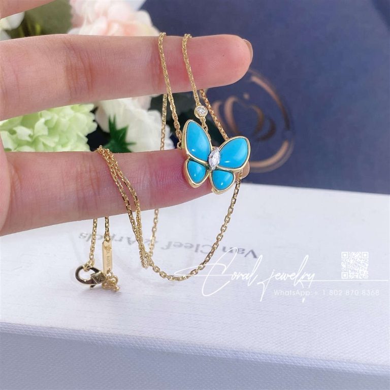 Van cleef & arpels two butterfly pendant yellow gold, diamond, turquoise vcarp7up00 (3)