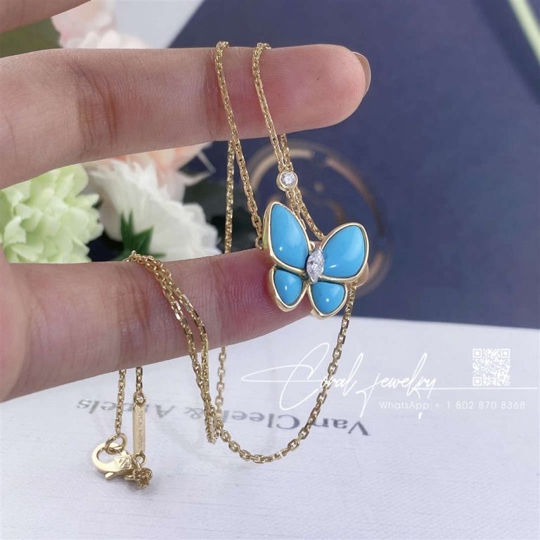 Van cleef & arpels two butterfly pendant yellow gold, diamond, turquoise vcarp7up00 (4)