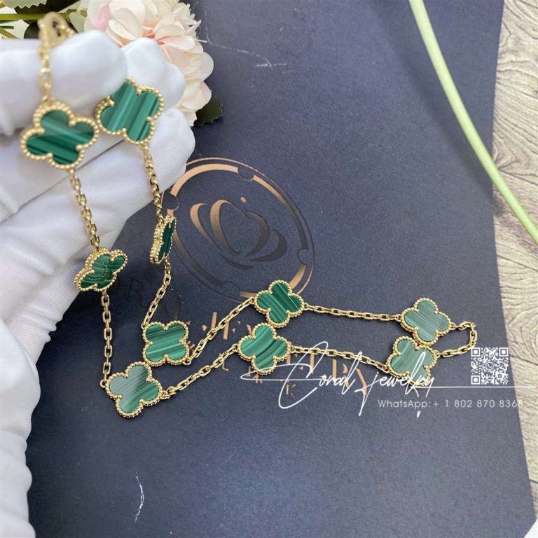 Van cleef & arpels vintage alhambra necklace, 10 motifs yellow gold, malachite vcaro3qj00 (1)