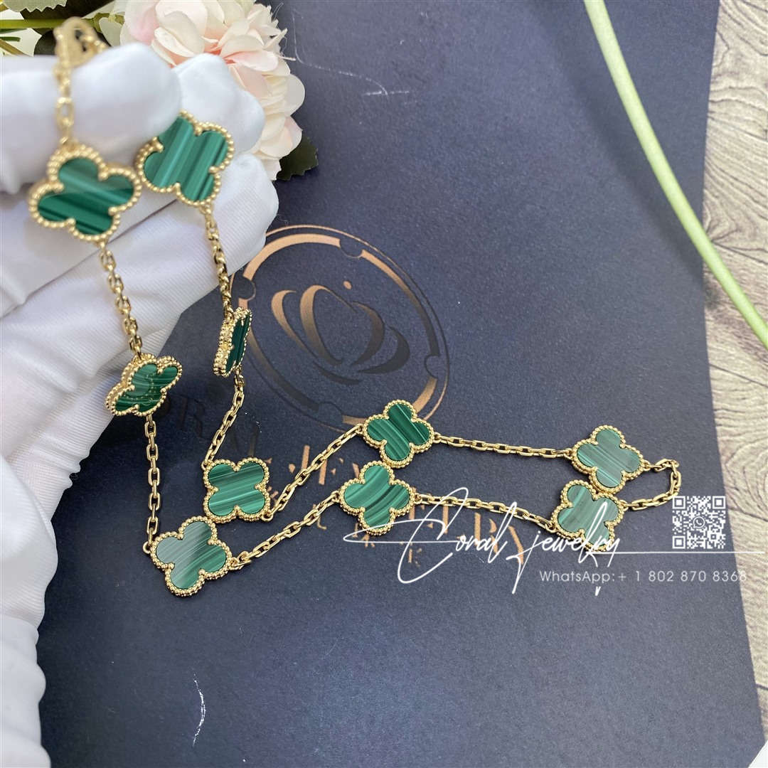 Van cleef & arpels vintage alhambra necklace, 10 motifs yellow gold, malachite vcaro3qj00 (1)