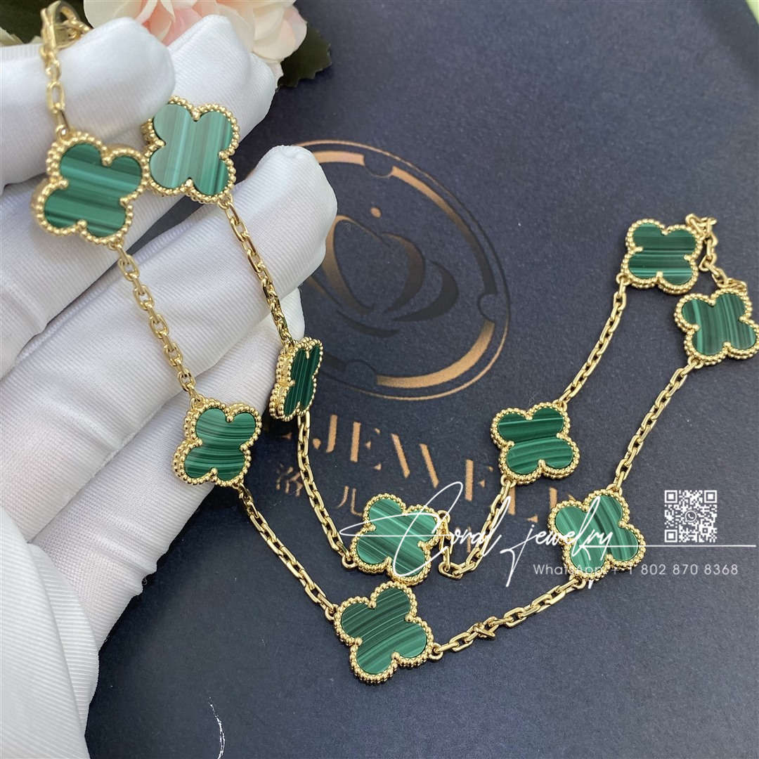 Van cleef & arpels vintage alhambra necklace, 10 motifs yellow gold, malachite vcaro3qj00 (4)