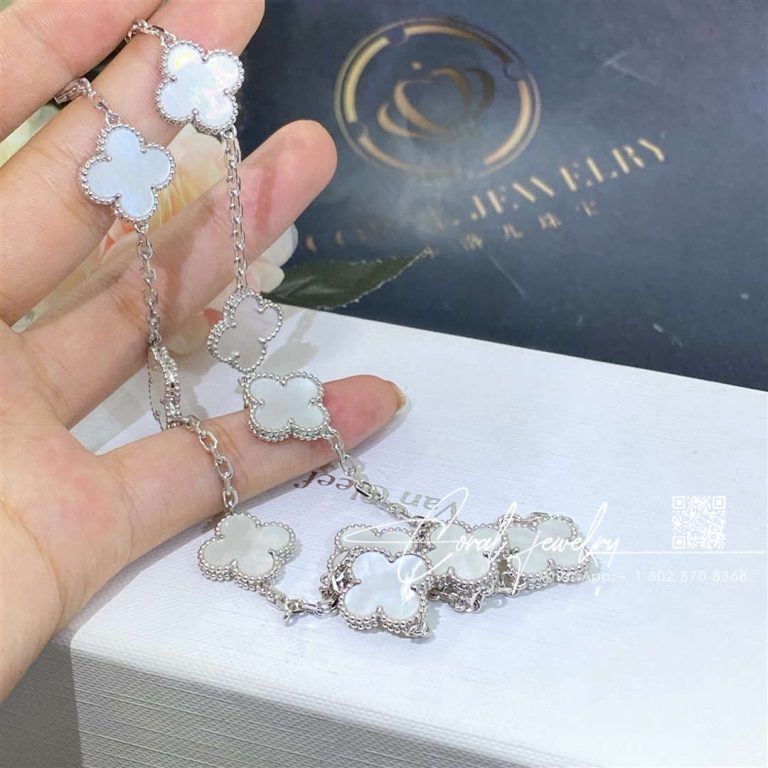 Van cleef & arpels vintage alhambra necklace, 10 motifs white gold, mother of pearl vcarf48500 (10)