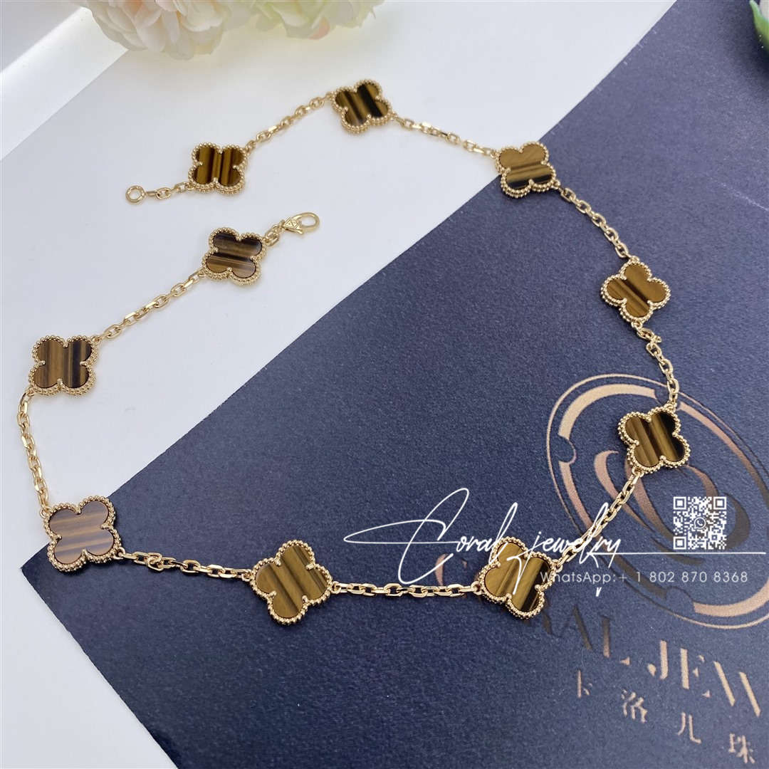 Van cleef & arpels vintage alhambra necklace, 10 motifs yellow gold, tiger eye vcard40700 (2)