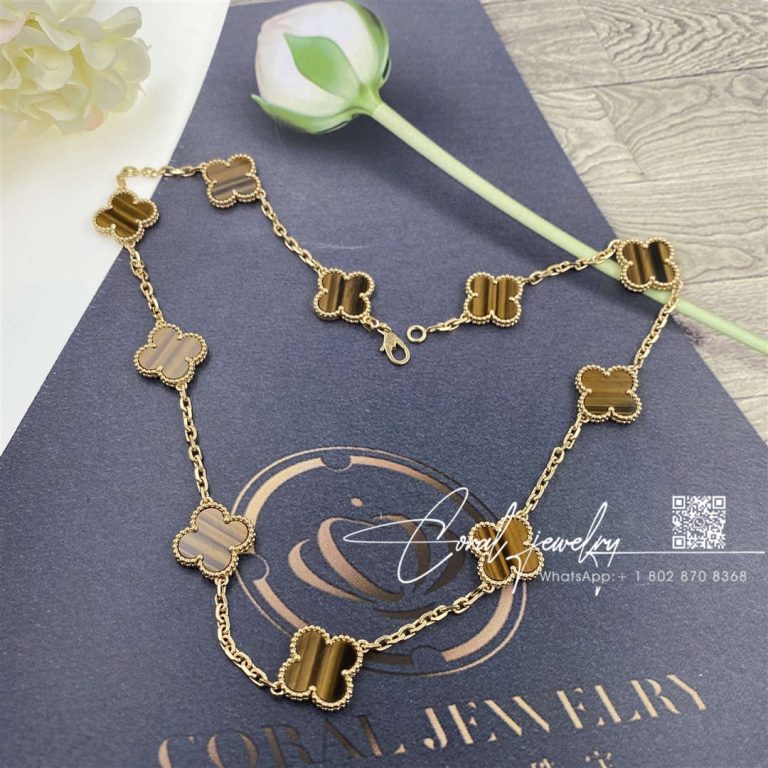 Van cleef & arpels vintage alhambra necklace, 10 motifs yellow gold, tiger eye vcard40700 (3)