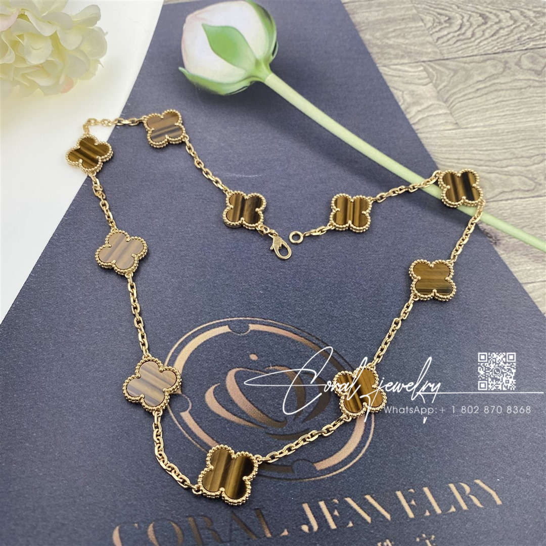 Van cleef & arpels vintage alhambra necklace, 10 motifs yellow gold, tiger eye vcard40700 (3)