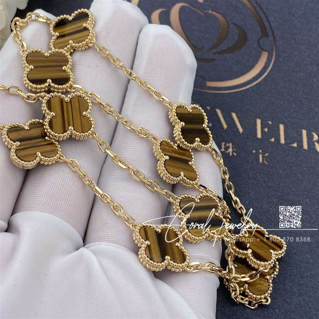 Van cleef & arpels vintage alhambra necklace, 10 motifs yellow gold, tiger eye vcard40700 (4)