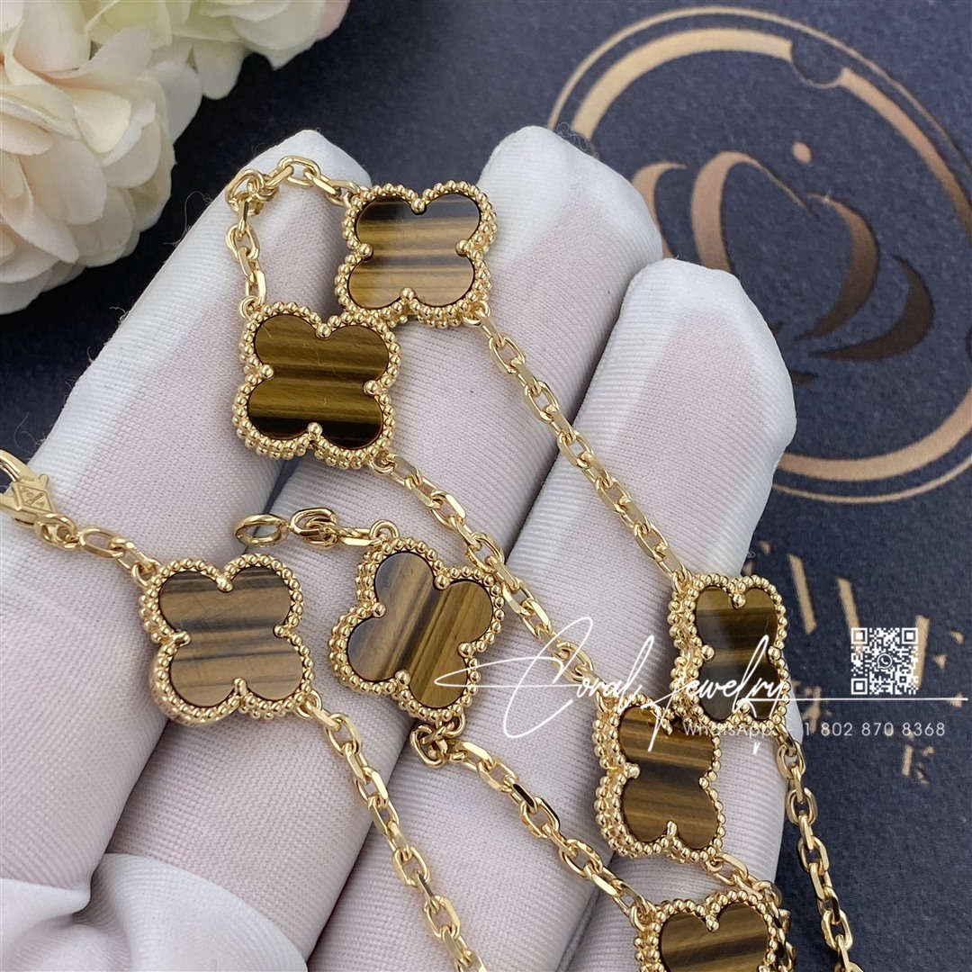 Van cleef & arpels vintage alhambra necklace, 10 motifs yellow gold, tiger eye vcard40700 (5)