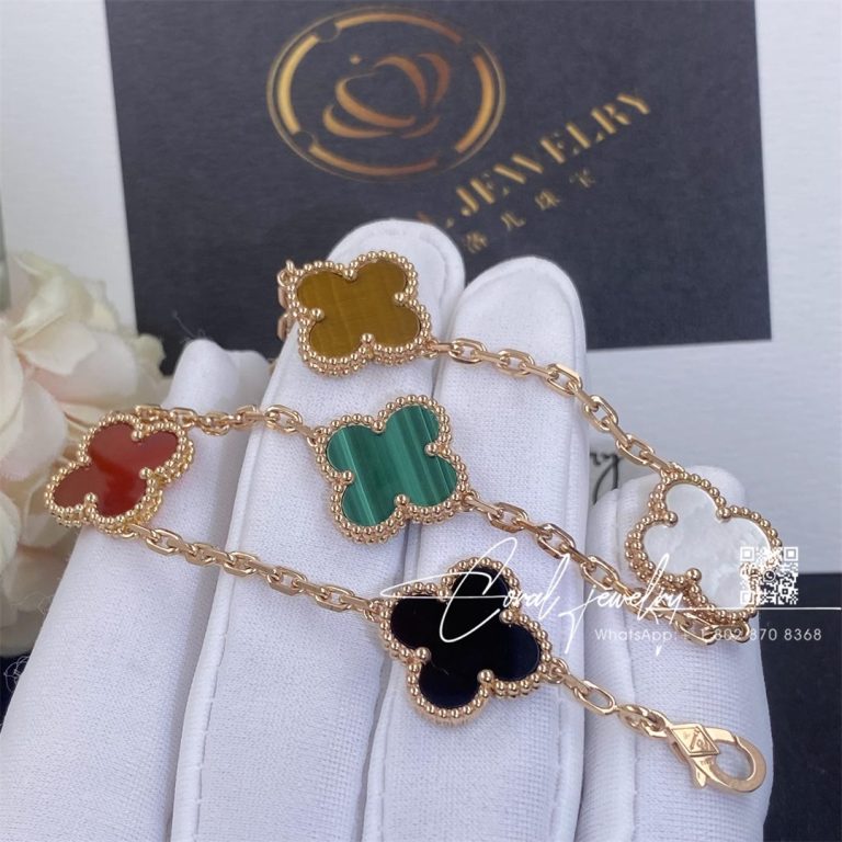 Van Cleef & Arpels Vintage Alhambra Bracelet, 5 Motifs Rose Gold, Carnelian ,tiger Eye,onyx,malachite,mother Of Pearl (1)