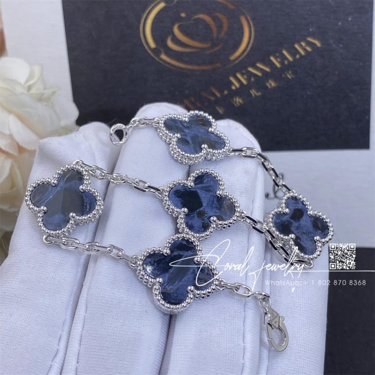 Van Cleef & Arpels Vintage Alhambra Bracelet, 5 Motifs White Gold, Pietersite (4)