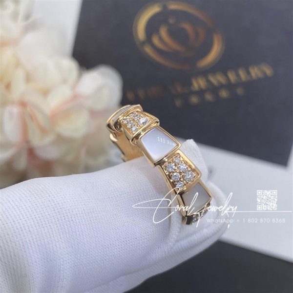 Bulgari Serpenti Viper Band Ring In 18 Kt Rose Gold With Mother Of Pearls And Pavé Diamonds Ref. 353236 (11)