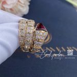 Bulgari Serpenti Viper Two Coil Ring In 18 Kt Rose Gold, Set With Full Pavé Diamonds And A Rubellite On The Head Ref. 347594 (6)