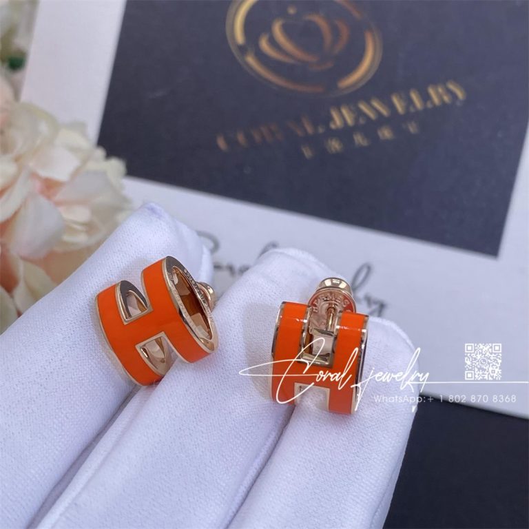 Hermes Rose Gold Lacquered Mini Pop H Earrings Orange (2)