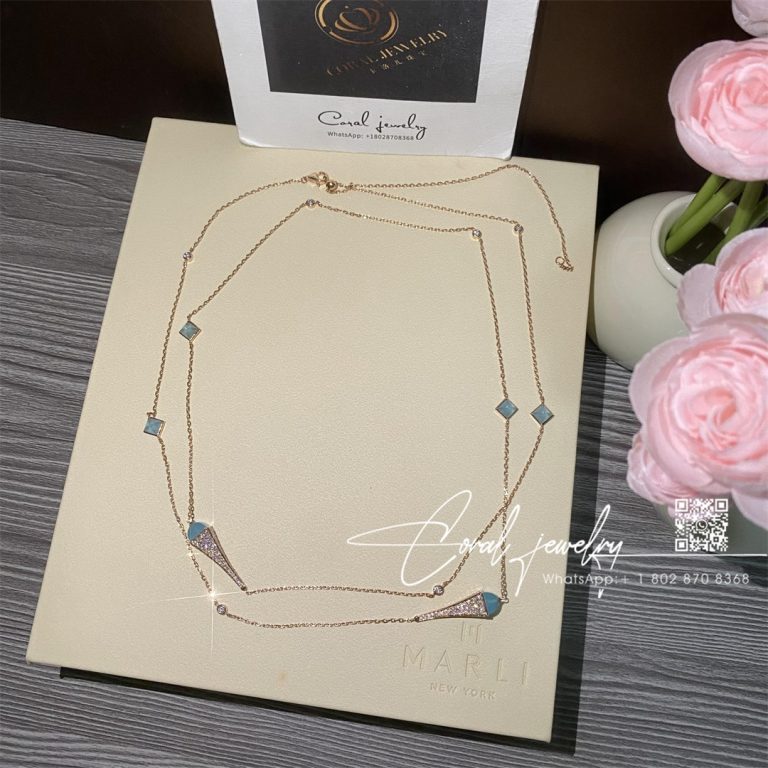 Marli Cleo Long Chain Necklace In Rose Gold Sea Blue Chalcedony (5)