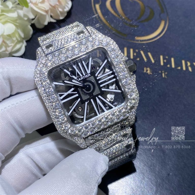 Cartier Santos Skeleton 41mm Moissanite Diamond Watch 20ct (1)